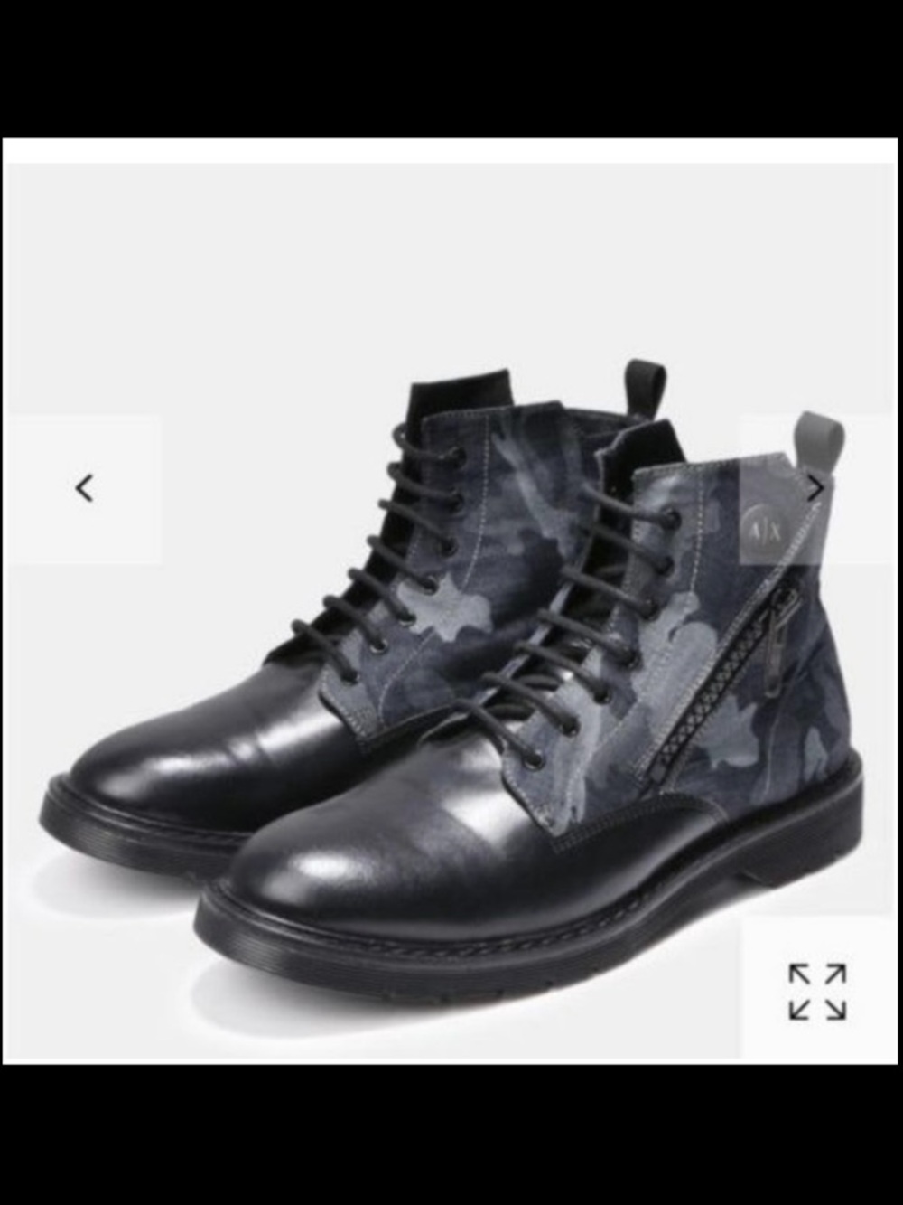 Armani Exchange Men’s Black Leather & Charcoal Camo Lace-Up Boots